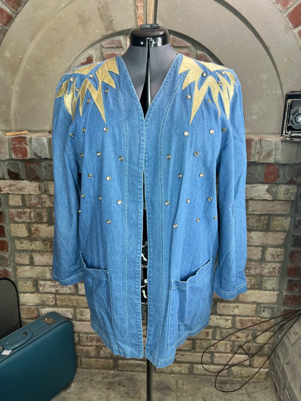 Jean Jacket open front gold shoulders studded bedazzled 1990s